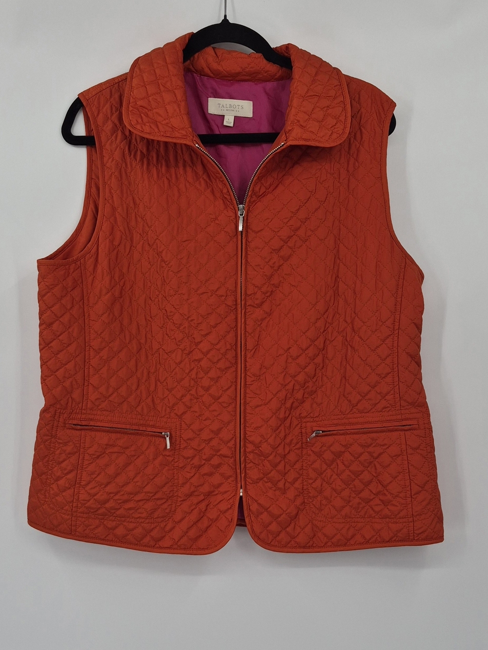 Talbots Quilted Zip Vest Womens Petites Large LP Orange Nylon Pockets Hiking
